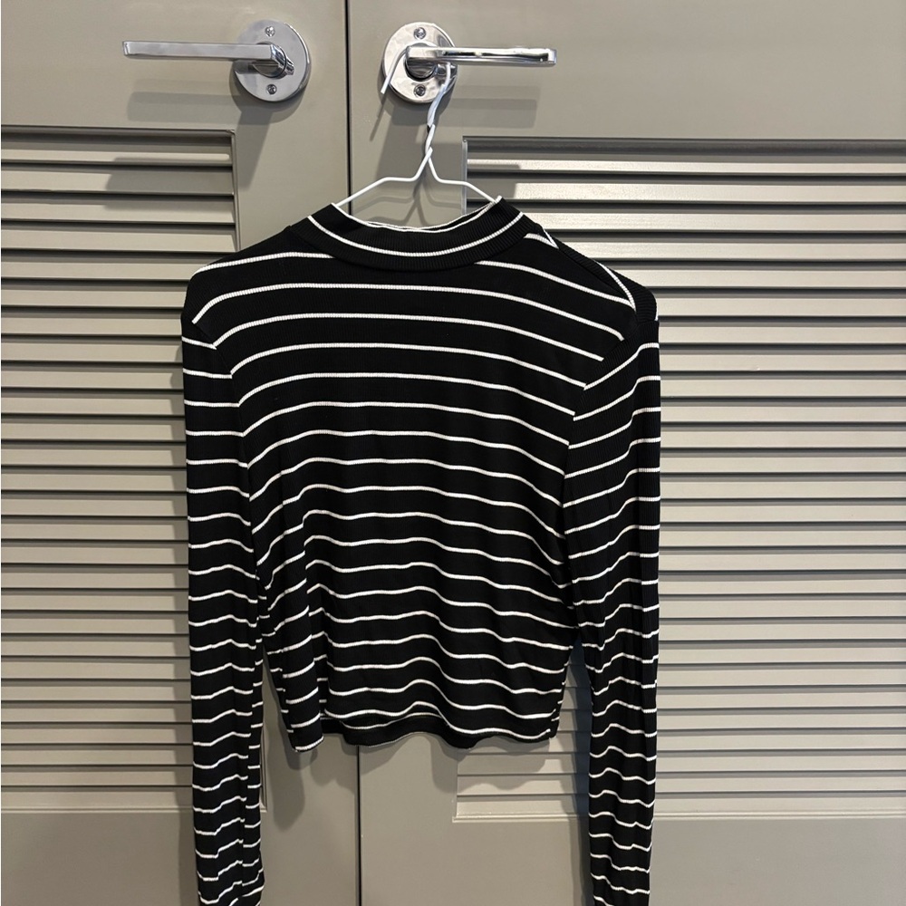 Essentials Black and White Striped Ribbed Layering Mockneck
